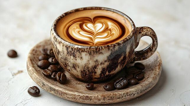 Latte Art in a Rustic Coffee Cup