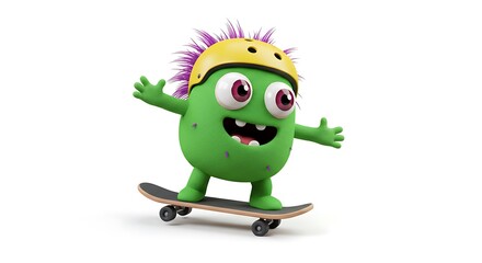 Fototapeta premium Cartoon green monster rides skateboard with helmet isolated on white background