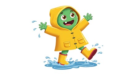 Obraz premium Happy cartoon character in raincoat splashing puddle graphic illustration