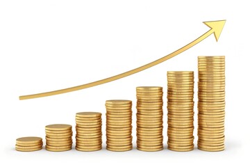 Rising Wealth: Golden coin stacks and ascending arrow symbolize the continuous climb of financial prosperity and investment growth.