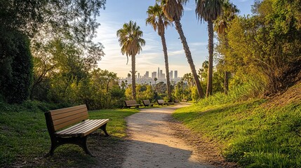 Obraz premium Echo Park's serene walking trail with benches and tall palms, the Downtown LA skyline visible under a soft blue sky; eye-level perspective, warm lighting, vibrant urban nature. 