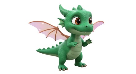 Obraz premium Cute green cartoon dragon with wings isolated on white background