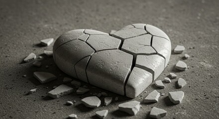 A close-up artistic image of a cracked white stone heart lying broken on a textured surface &mdash; fragments scattered as a symbolic still life. The composition should evoke emotions of fragile love, emoti
