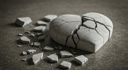 A close-up artistic image of a cracked white stone heart lying broken on a textured surface &mdash; fragments scattered as a symbolic still life. The composition should evoke emotions of fragile love, emoti