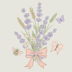 Vector vintage floral rustic greeting card, cottagecore neutral colors lavender and roses flowers