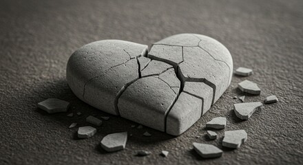 A close-up artistic image of a cracked white stone heart lying broken on a textured surface &mdash; fragments scattered as a symbolic still life. The composition should evoke emotions of fragile love, emoti