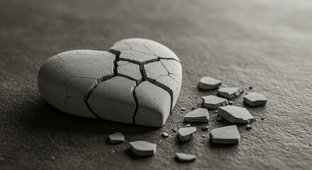A close-up artistic image of a cracked white stone heart lying broken on a textured surface &mdash; fragments scattered as a symbolic still life. The composition should evoke emotions of fragile love, emoti