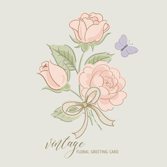 Vector vintage floral rustic greeting card, cottagecore neutral colors lavender and roses flowers