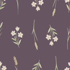 Vector floral cute rustic seamless pattern, cottagecore small neutral colors flowers