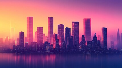 Obraz premium Sleek luxury skyscraper silhouettes rising against a twilight sky, their reflective glass facades glowing faintly 