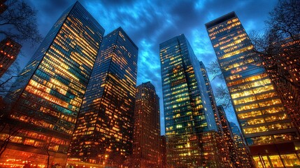 Tall glass-clad office buildings glowing against a dark New York sky, their lights creating a rich tapestry of urban activity 