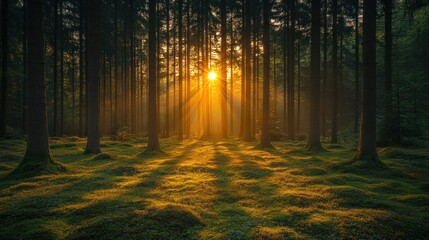 Fototapeta premium Golden Hour in the Enchanting Forest: A Sunrise Symphony of Light and Shadow
