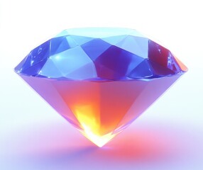 Close-up of a multicolored faceted gem with blue and orange glowing light effects on a white background