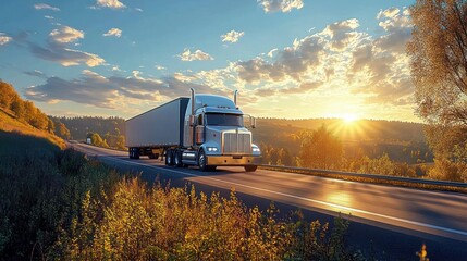 Large semi-truck driving on a highway through a scenic area with golden autumn trees at sunset under a partly cloudy sky
