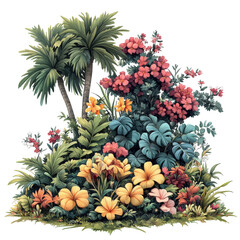 Fototapeta premium Exotic floral arrangement with palms and colorful blossoms on dark background