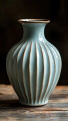Glossy ceramic vase with vertical ridges in soft blue color placed on rustic wooden surface with dark blurred background