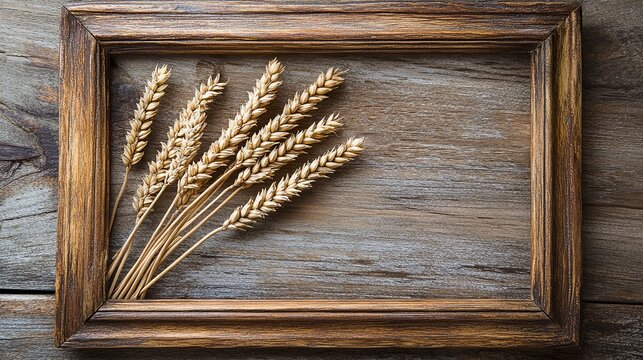 Rustic wooden frame with golden wheat stalks on weathered wood background farm life gray aged brown
