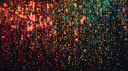 Multicolored dots and lines create a vibrant, abstract digital pattern resembling falling lights or data streams on a dark background.