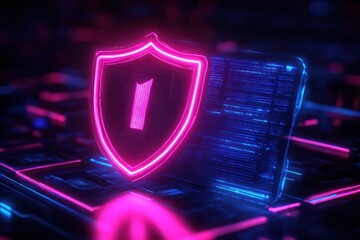 Glowing neon pink shield icon with a number one displayed over a futuristic blue digital circuit board representing cyber protection and data security