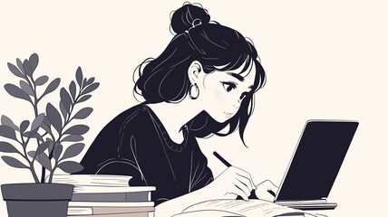 明るい室内でリラックスしながらPC作業をする女性のイラスト素材・オフィス・フリーランス・コワーキングスペース・朝の仕事風景・開放感あるワークシーン・おしゃれな女性向けイメージに