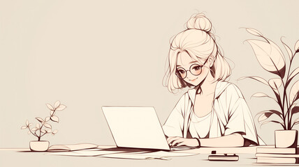 明るい室内でリラックスしながらPC作業をする女性のイラスト素材・オフィス・フリーランス・コワーキングスペース・朝の仕事風景・開放感あるワークシーン・おしゃれな女性向けイメージに