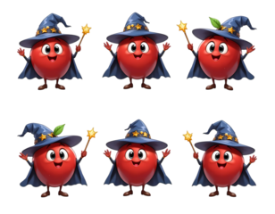 Cute Cartoon Red Apples in Wizard Hats Ready for Magic Transparent Isolated Background 