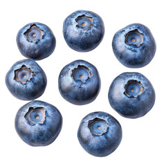 Obraz premium Fresh blueberries arranged in a pleasing formation on a bright transparent background for culinary uses, Group of fresh blueberries isolated
