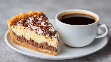 Slice of chocolate cream pie with cup of black coffee on white plate