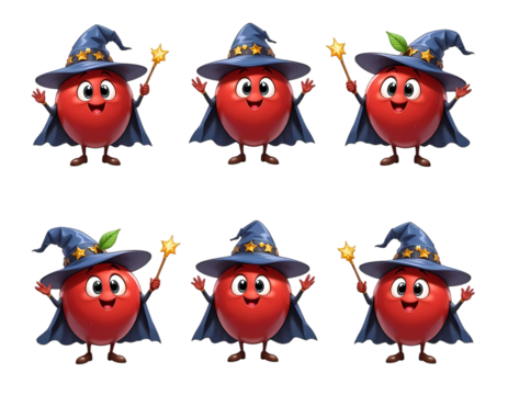 Cute Cartoon Red Apples in Wizard Hats Ready for Magic Transparent Isolated Background  - Powered by Adobe