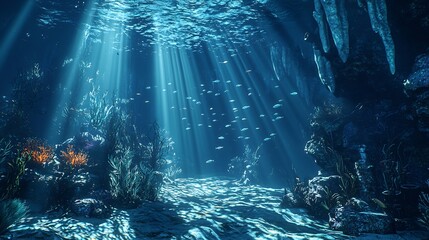 Obraz premium Underwater cave glowing stalactites schools of fish darting through shafts of light cinematic aquatic mystery