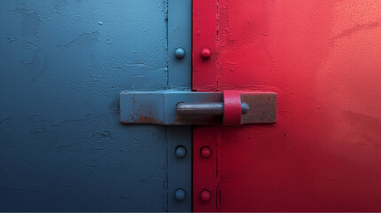 Metal Latch on Red and Blue Painted Door. Industrial Rustic Design with Bold Color Contrast. Perfect for Security and Architecture Themes.