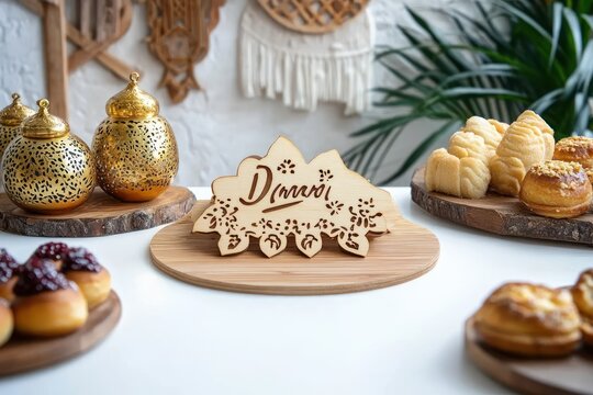 A decorative wooden nameplate with floral cutouts on a round wooden board surrounded by golden ornamental jars and assorted pastries on wooden plates in a cozy setting