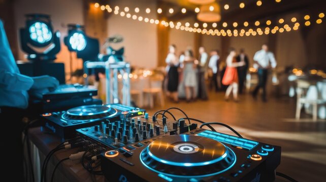 Wedding DJ Setup with Blurry Guests Dancing in Background