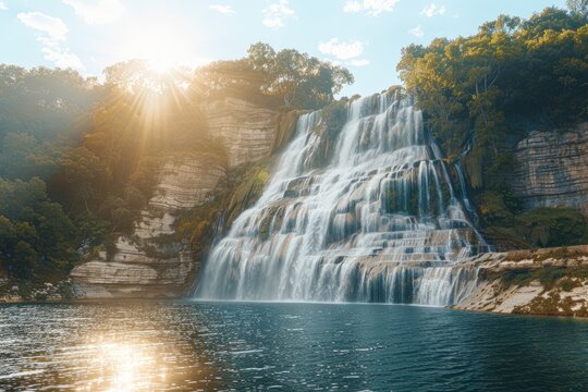 Stunning waterfall cascading into a tranquil pool at sunrise.