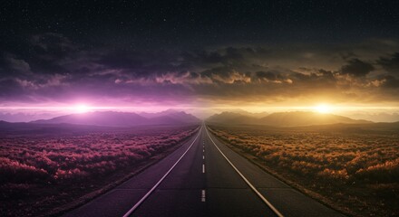 Fototapeta premium a long road with a purple sky and mountains in the background