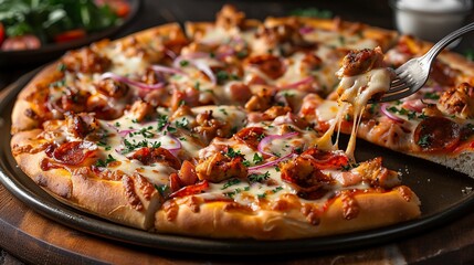 Delicious pizza with pulled chicken, pepperoni, ham, and red onions. Melted cheese is being pulled off a slice