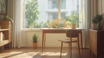 Sunny home office, plants, desk, chair, window