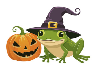 A whimsical Halloween scene featuring a frog wearing a witch's hat, beside a jack-o'-lantern. The playful illustration evokes the spooky spirit of the season