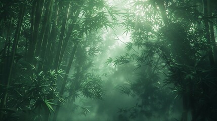 Obraz premium Dense bamboo forest, misty ambiance. Sunlight filters through leaves