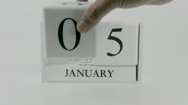A hand flips a wooden calendar from January 5th to January 6th on a white background, marking the passing of time and the start of a new day