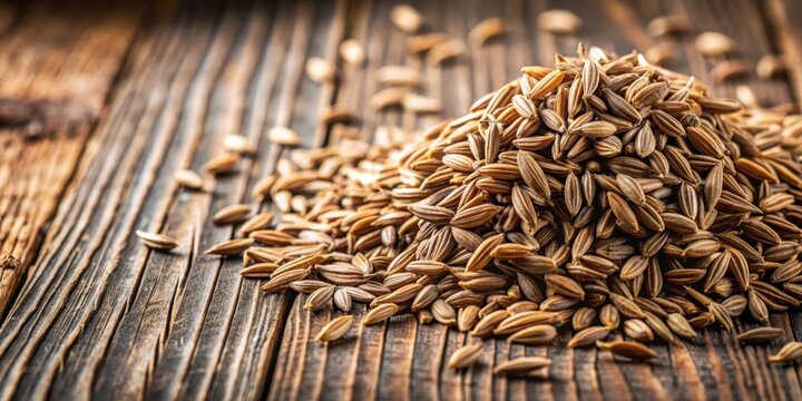 Close-up of cumin seeds scattered on a wooden background with natural texture and earthy tones