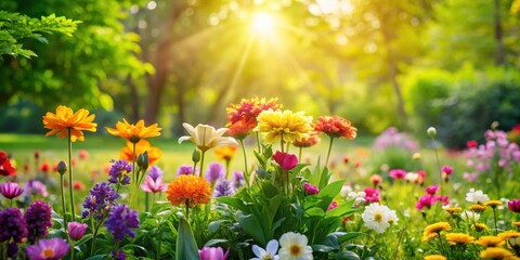 Obraz premium Sunny day with blooming flowers in a lush green garden, symbolizing warmth and growth, nature background, lush green garden