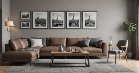 Obraz premium Elegant brown couch, wooden dining table, black & white photos adorn grey wall Chic contemporary living space , chic, style, grey