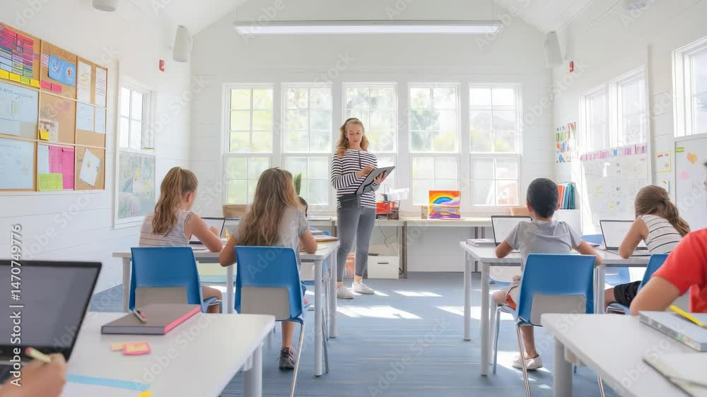 Poster inside a brightly lit classroom, a teacher with a tablet stands by the window, instructing seated st