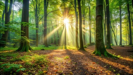 Naklejka premium Forest floor with sunlight filtering through trees and leaves , sunlight, forest floor, sunlight, forest floor
