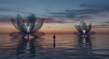 A surreal artistic landscape where giant translucent flowers bloom under a twilight sky, their petals glowing softly with inner light. The ground is covered in reflective water, mirroring the sky and