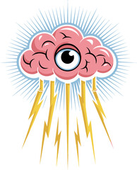 Surreal vector illustration of a pink human brain with a single central eye, radiating beams of light and shooting down lightning bolts. 
