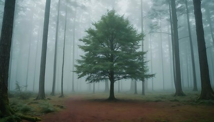 Lone Tree in Foggy Forest