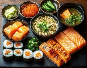 Assorted fresh salmon sushi platter with rolled maki, sashimi, grilled salmon nigiri, bowls of noodles, miso soup, cucumber slices, chopped green onions, salmon roe, and wasabi on wooden background