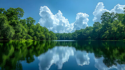 Fototapeta premium Serene Lake Reflection Under a Bright Sunny Sky